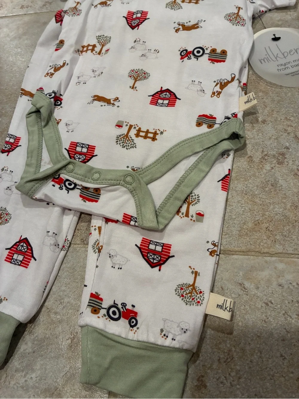 Milkberry Three Piece Set Bamboo Bodysuit Hat Pants Farm Dog Tractor